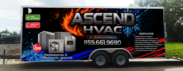 Ascend HVAC wrapped service trailer displaying heating and cooling equipment and the company phone number