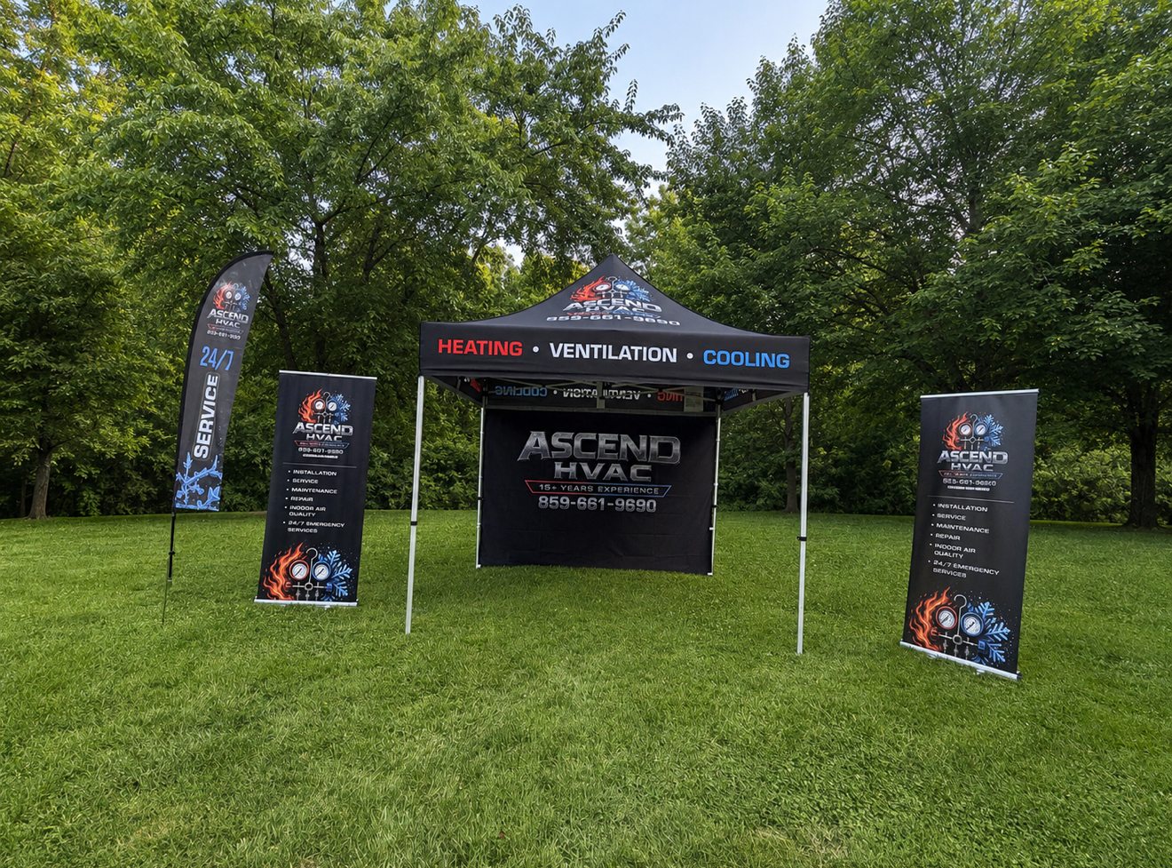 Ascend HVAC branded tent and banners at a community event