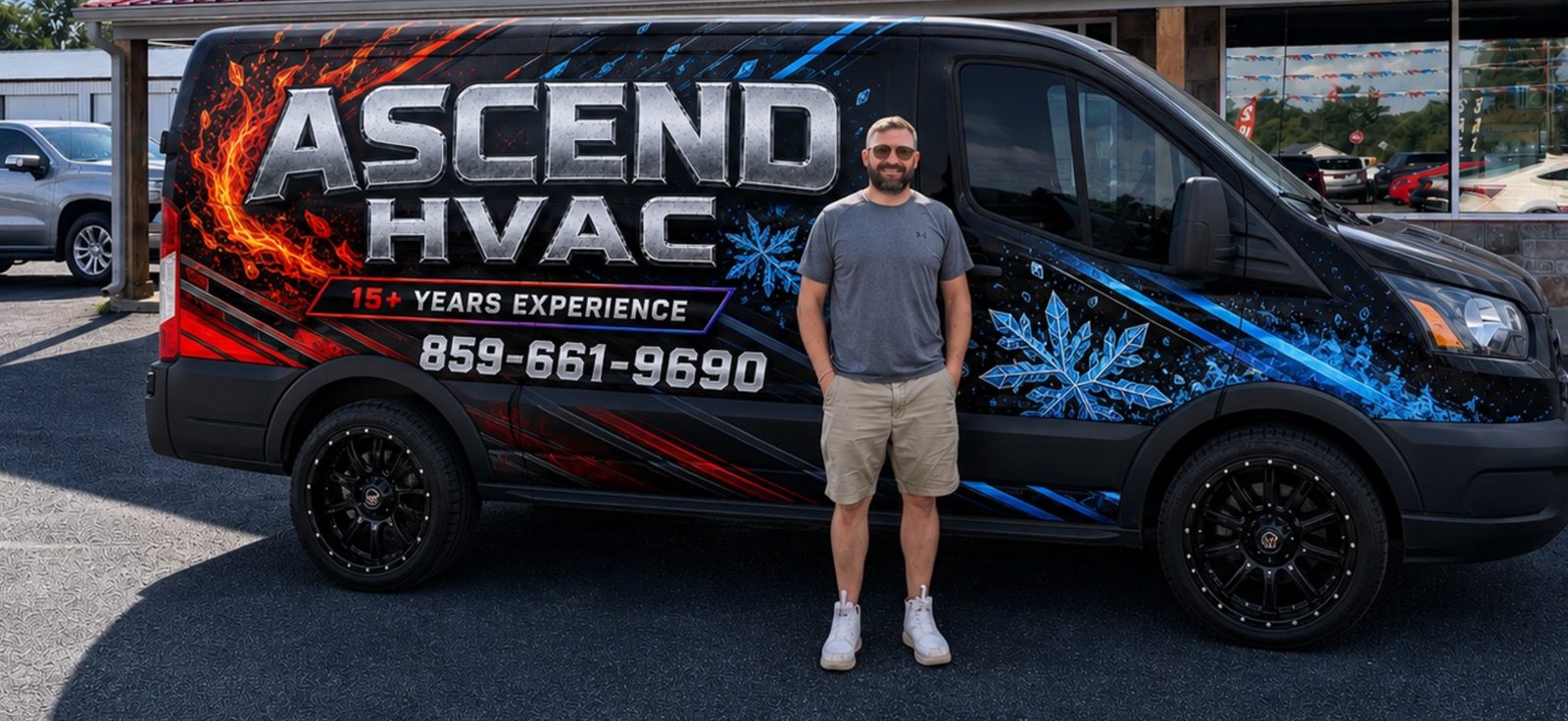 Robbie Puckett standing beside the wrapped Ascend HVAC service van