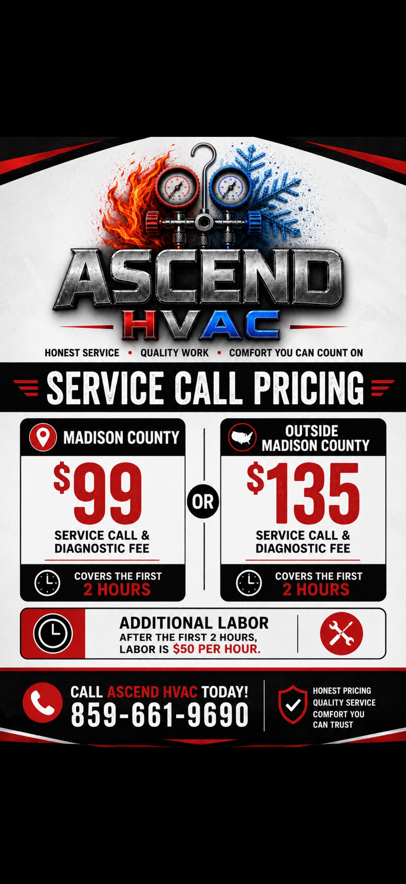 Ascend HVAC service call pricing for Madison County and locations outside Madison County